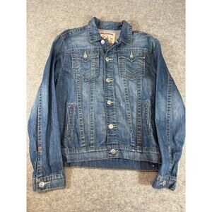 Vintage Y2K True Religion Jean Denim Trucker Jacket Mens M Blue Button Up Work